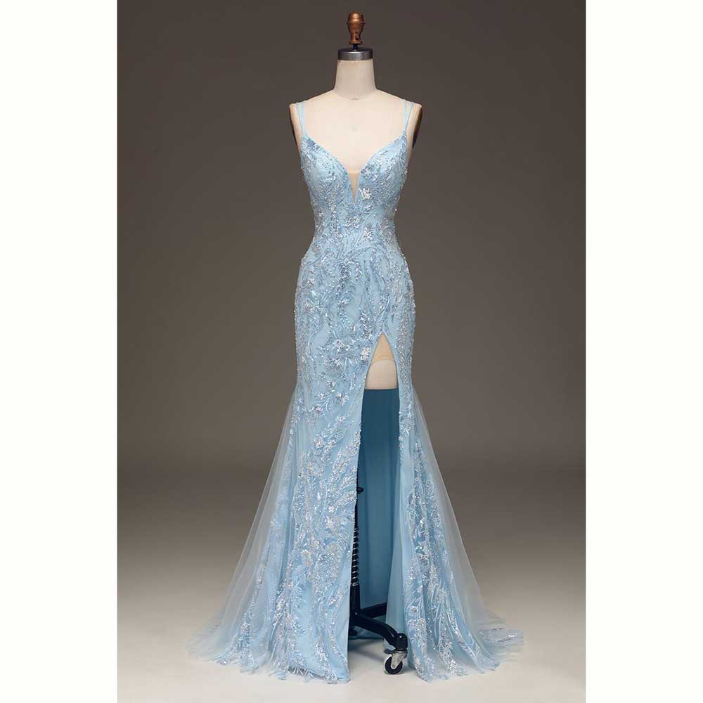 Formal Dress Female - Elegant Light Blue Satin Women Evening