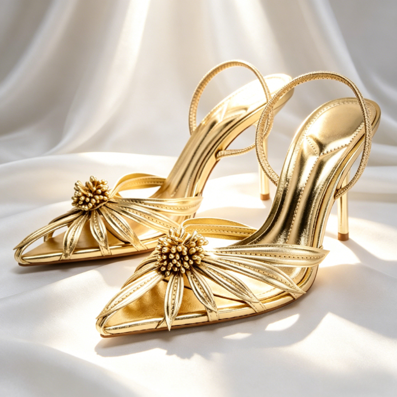 Women Formal Wear For Wedding - Luxury Gold Floral Detail Slingback Heels