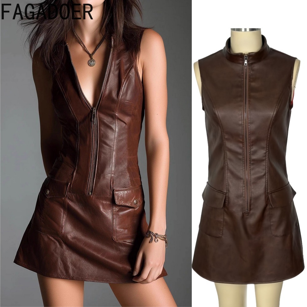FAGADOER Fashion Leather Zippe – обзор и цена Shift Dress Sleeveless